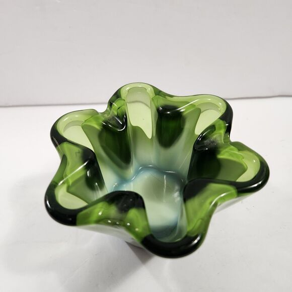 Vintage Mid Century Jade Green And White Sasaki Art Glass Bowl Ashtray Cigars - Picture 7 of 10